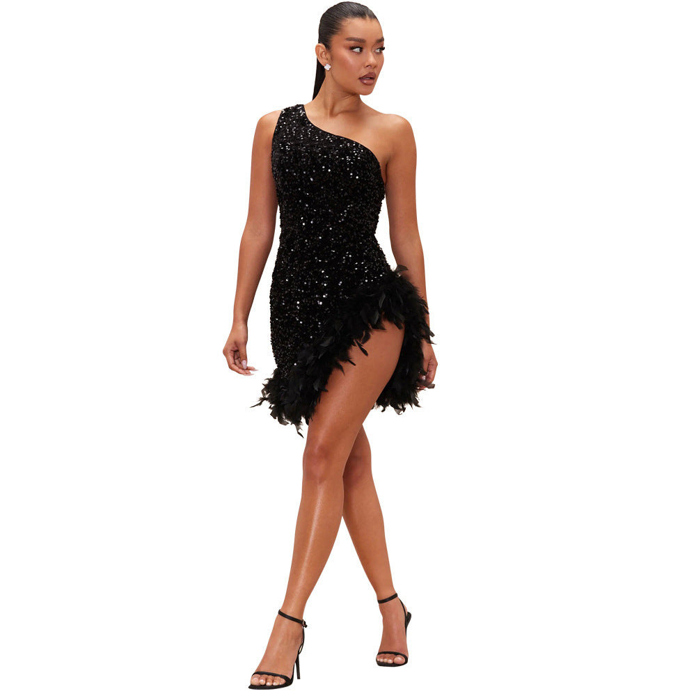 Fashion Slash Shoulder Feather Sequin Slit Club Dress 5