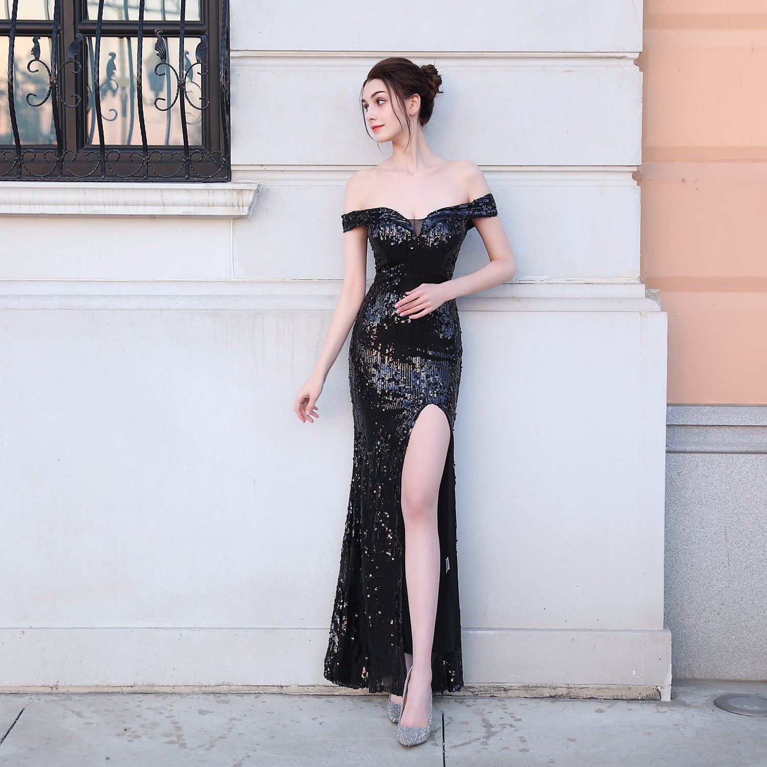 Fishtail Formal Party Elegant Chic Off Shoulder Slit Sequins Evening Dress 12