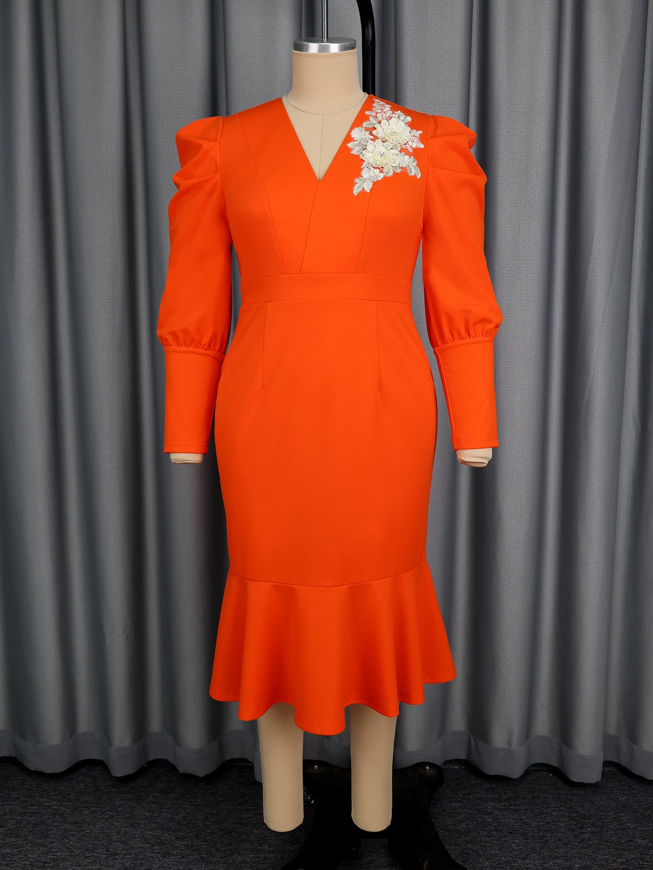 Plus-Size Women Orange V-Neck Embroidered Flower Puff Sleeve Church Wedding Bodycon Fishtail Dress 9