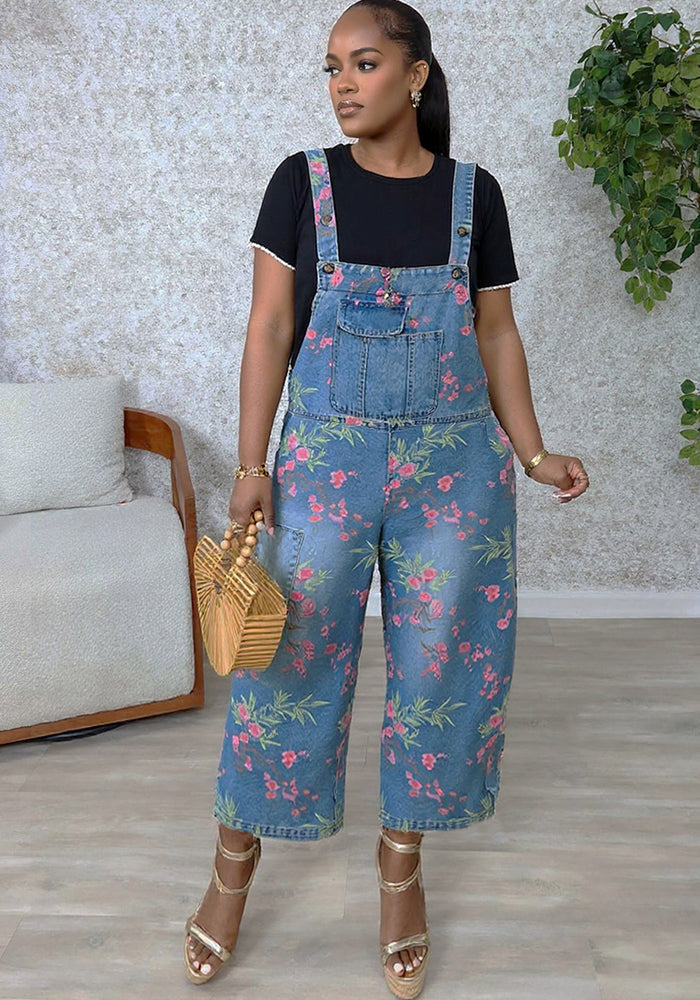 Women Printed Retro Denim Suspenders