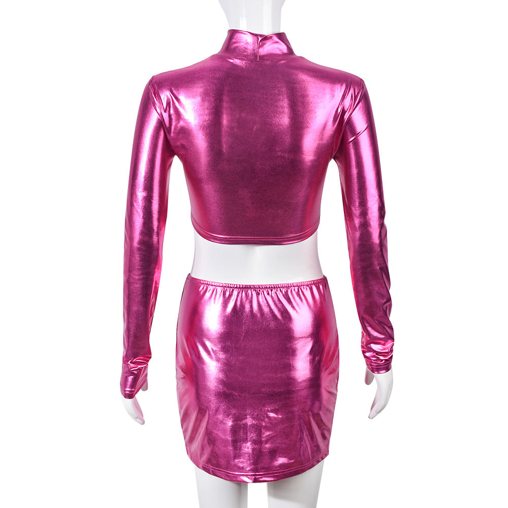 Autumn Sexy Rose Red Slim Long Sleeve Crop Two Piece Skirt Set 8