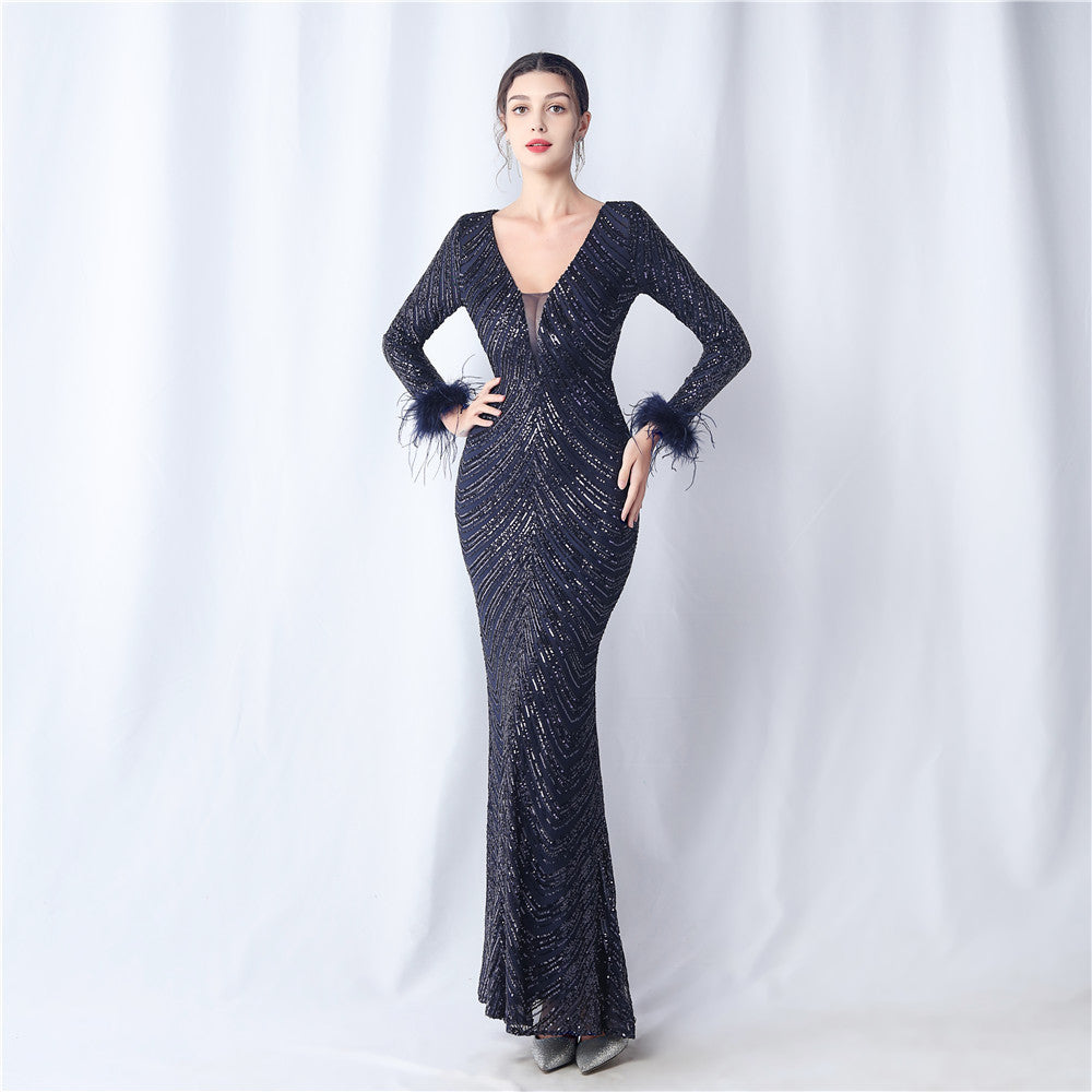 Sequins Feather Long-Sleeved Evening Dress 7