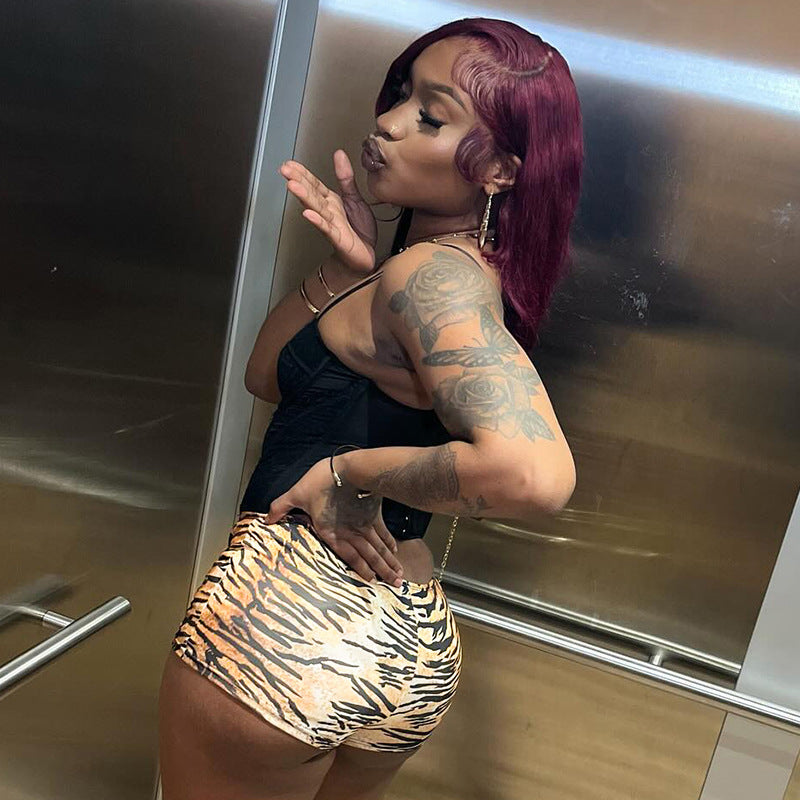 Women's clothing sexy tiger print Lace-up Tight Fitting shorts 5