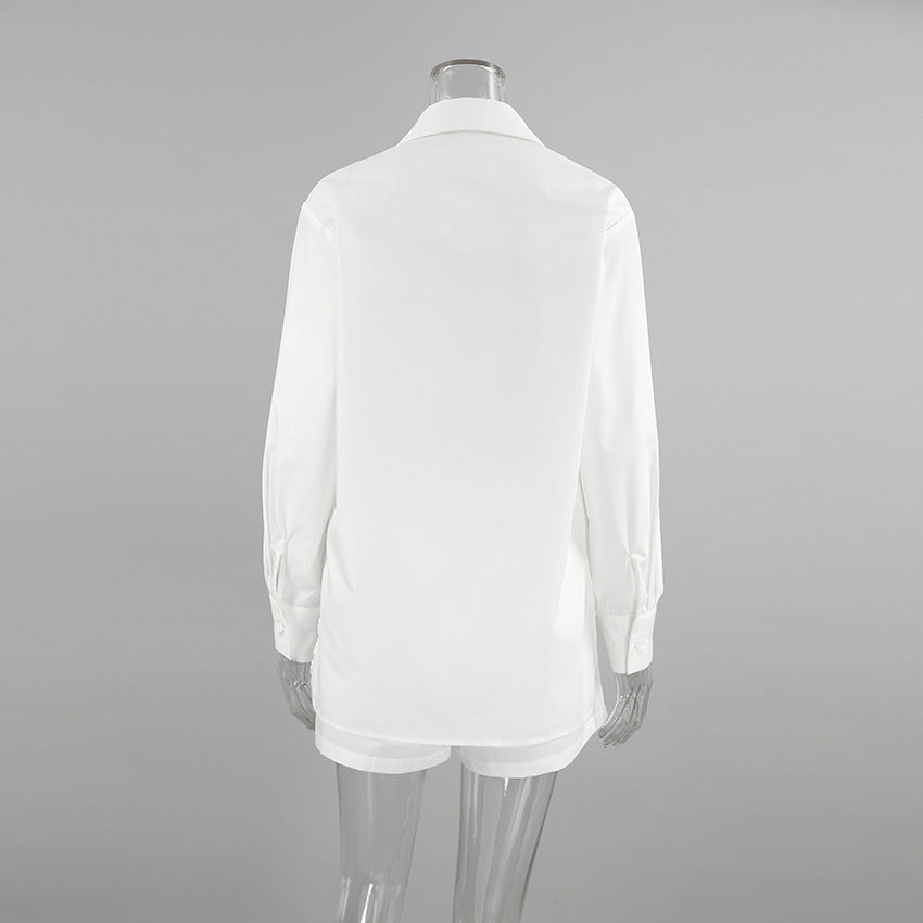 Women Spring and Summer French Style Turndown Clar shirt shorts Casual two-piece set 8