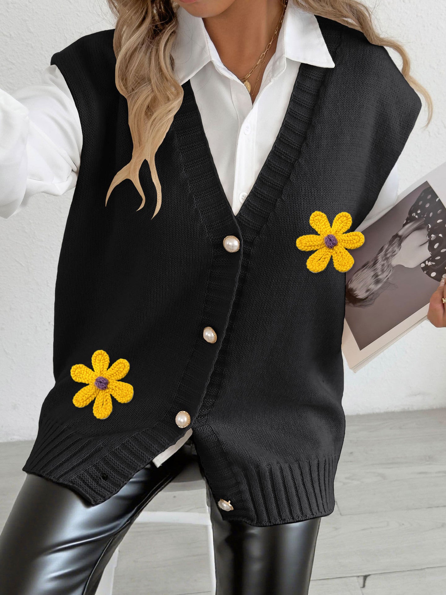 Women's Autumn Winter Vest Pearl Button Loose Casual Cardigan Sweater Waistcoat 4