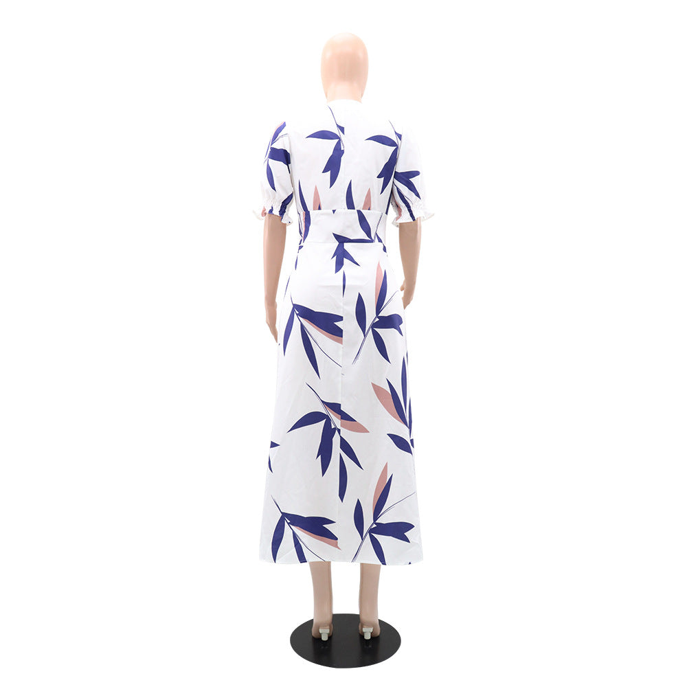 Chic V Neck Short Sleeve Slim High Waist Button Long Dress 5