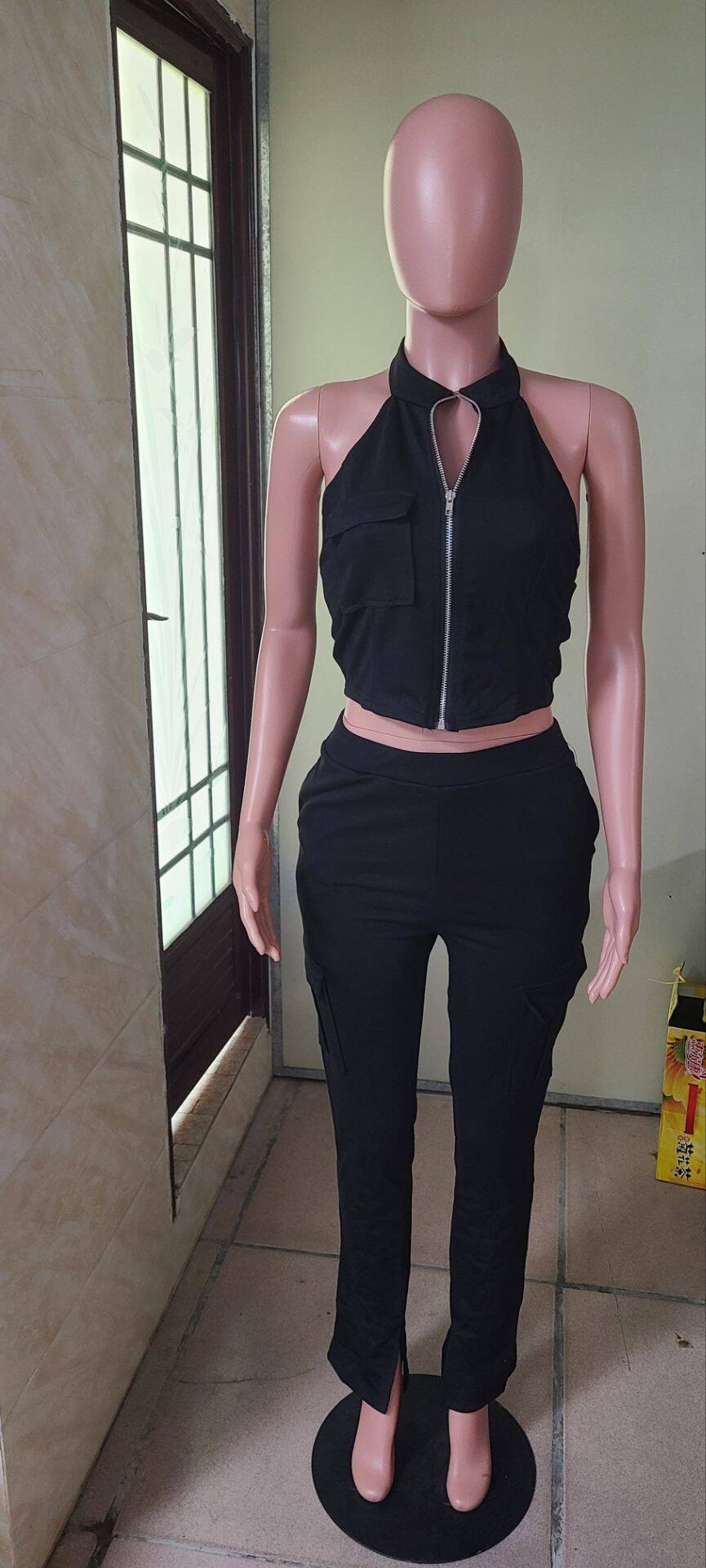 Stylish Zipper Pocket Sleeveless Two Piece Pants Set 5