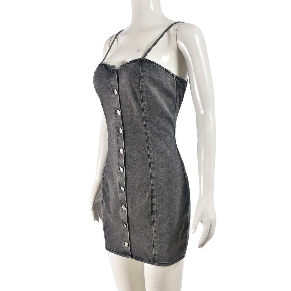 Elastic Denim Strap Single-Breasted Short Bodycon Dress 7