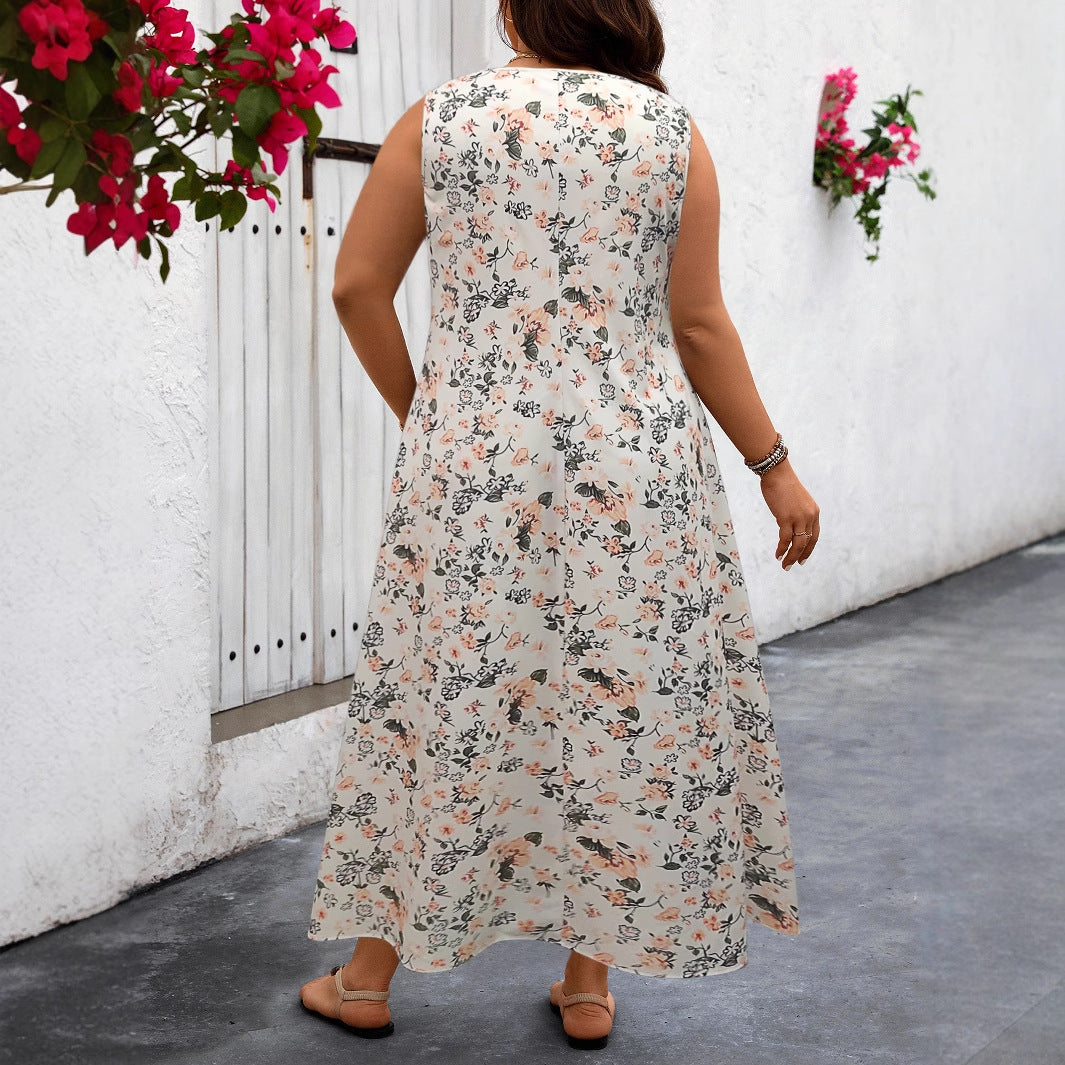 Plus Size Printed Sleeveless Pocket Loose Dress 4