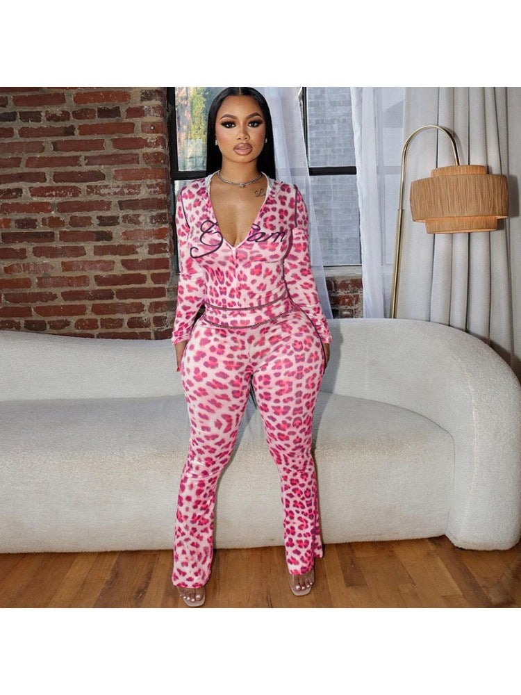 Women Sexy Leopard Print Contrast Two-Piece Set 3