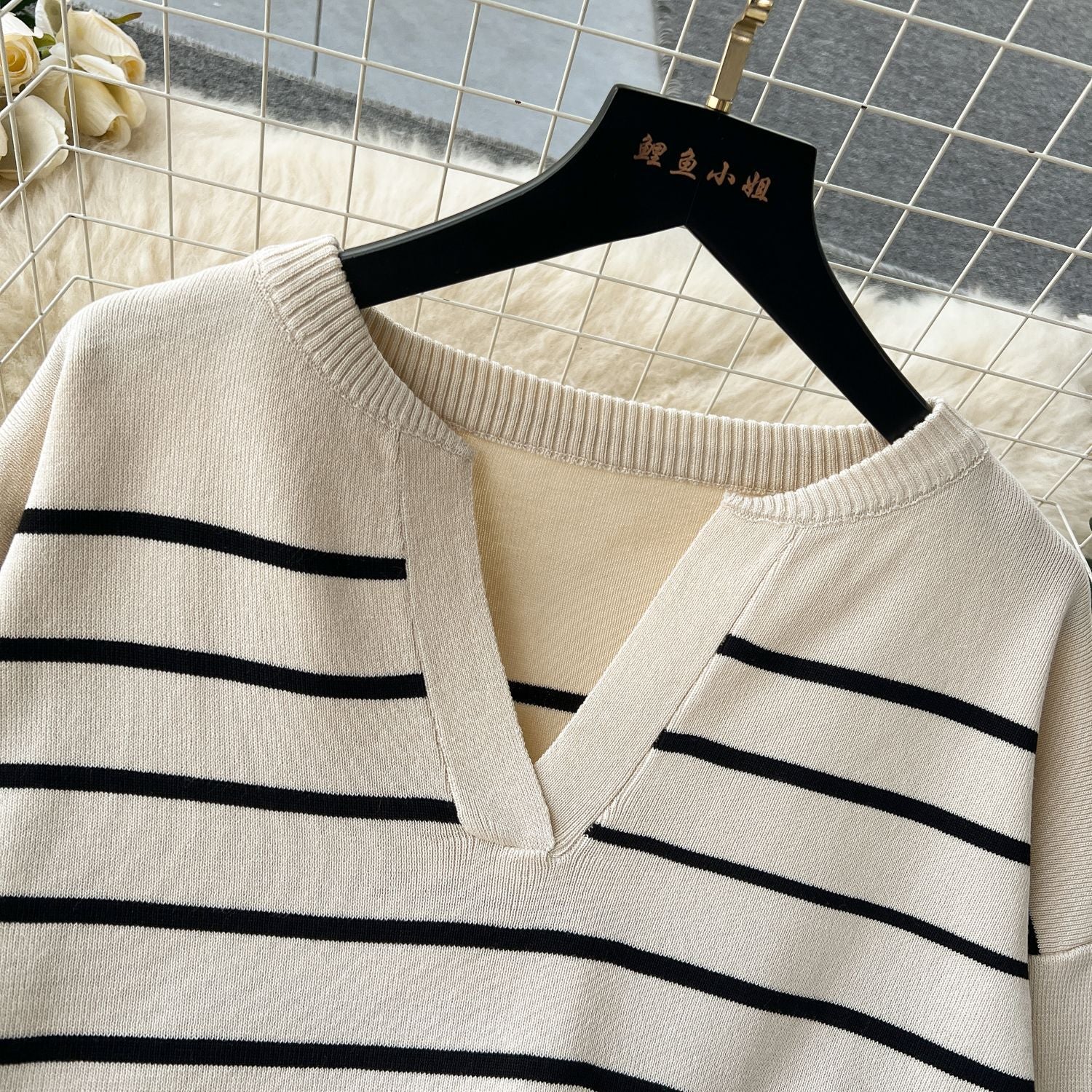 Women Casual V Neck Striped Knitting Top and Pants Two-piece Set 19