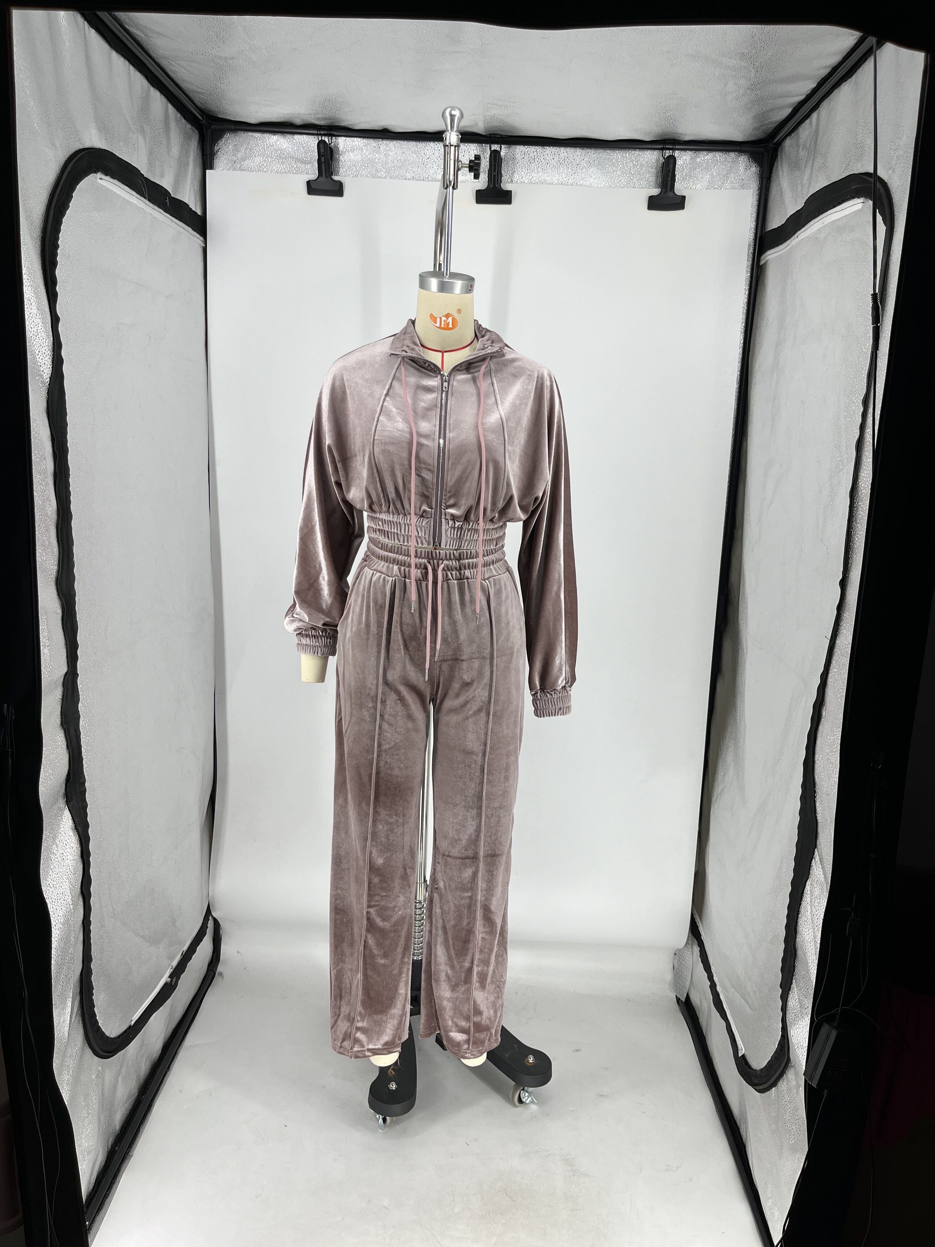 Women's Autumn And Winter Velvet Elastic Waist Zipper Jacket Pocket Trousers Suit 12