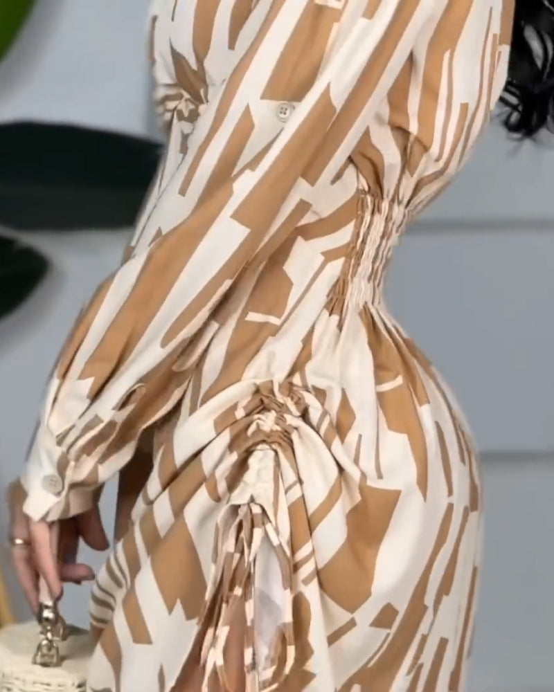 Women Black Irregular Printed Long Sleeve V Neck Side Drawstring Shirt Dress 11