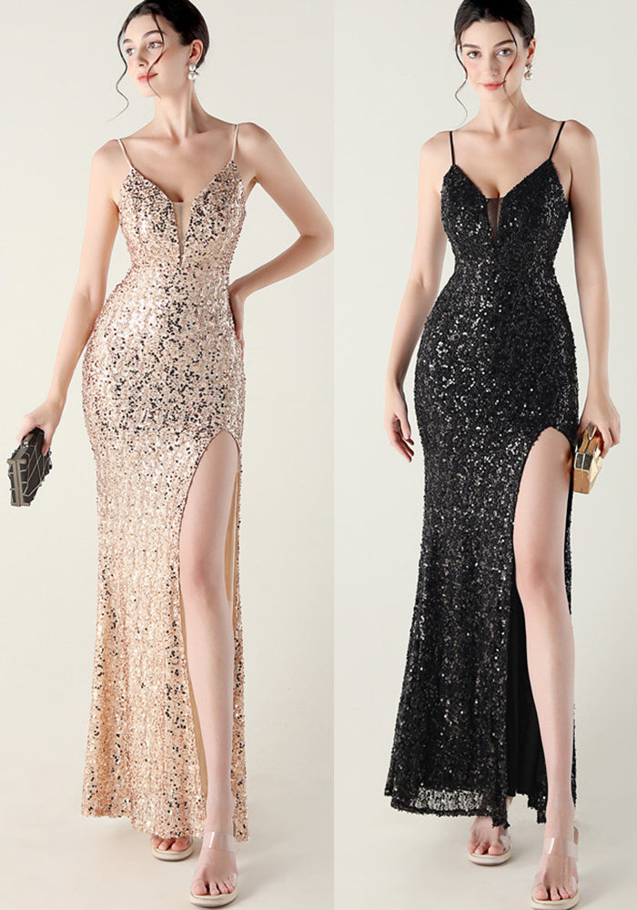 Women beaded tube sequin spaghetti strap cross lace-up evening slit evening dress