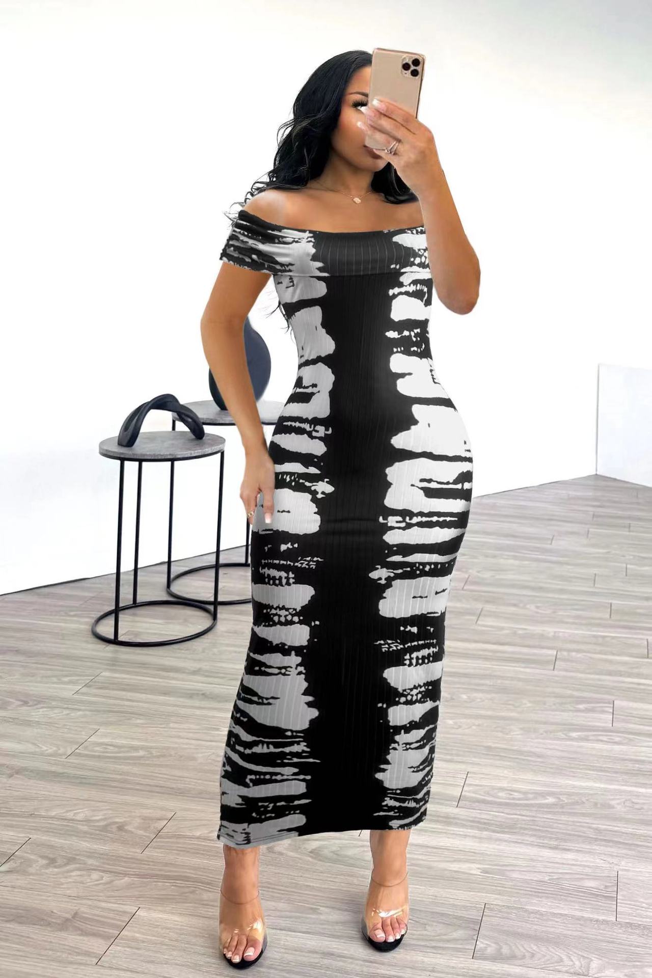 Women Sexy Off Shoulder Print Sleeveless Bodycon Dress 3