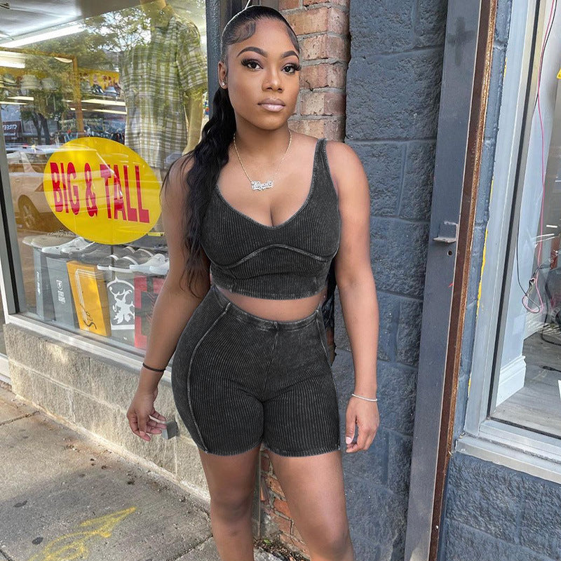 Women Rib Camisole and Shorts Summer Casual Sports Two-piece Set