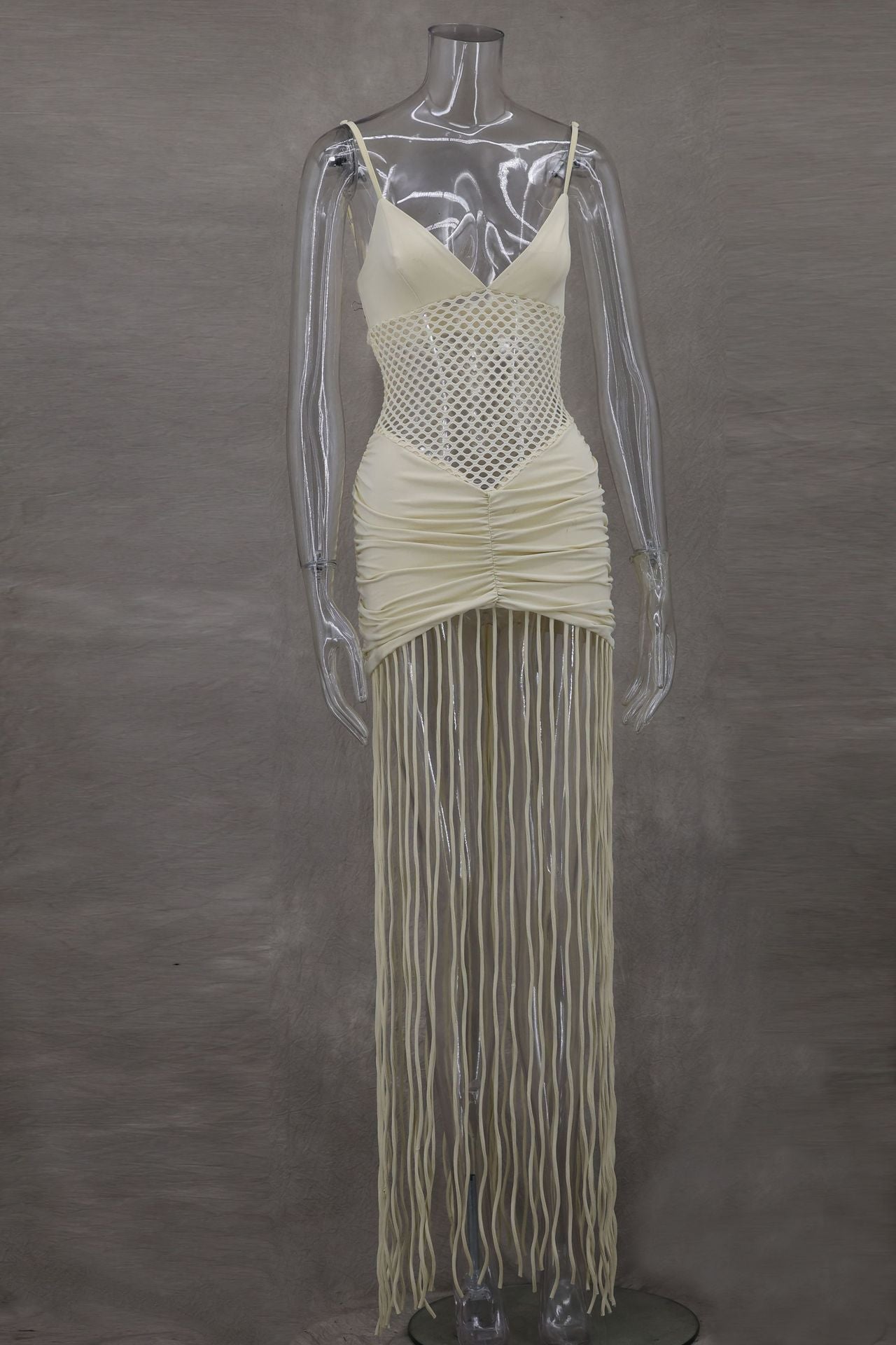 Spring Summer Fashion Strappy Mesh Open Waist Sexy Pleated Bodycon Fringe Dress 8