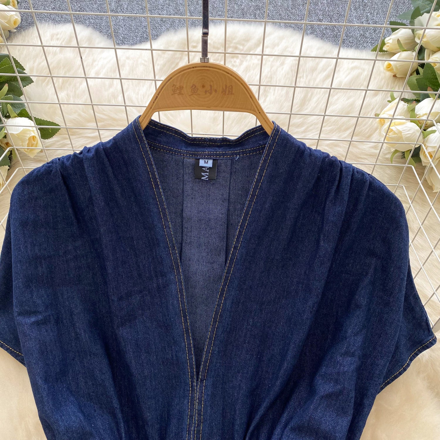 Women's Summer Deep V neck Slim Waist Buttoned Pleated Casual Denim Dress 5