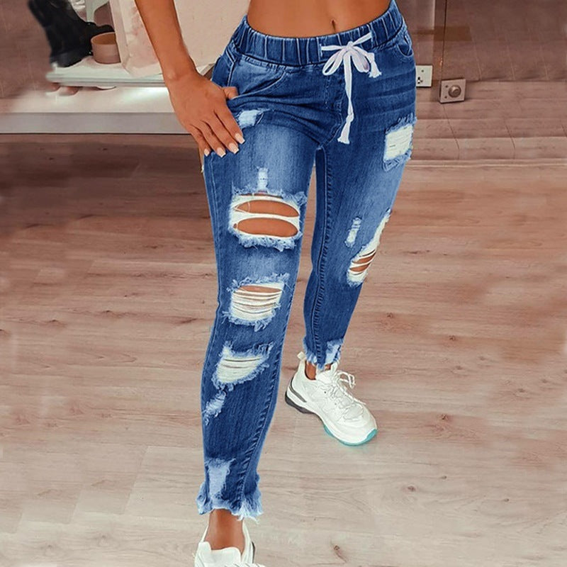 Elastic Waist Women's Denim Pants High Waist Ripped Tie-Up Jeans 4