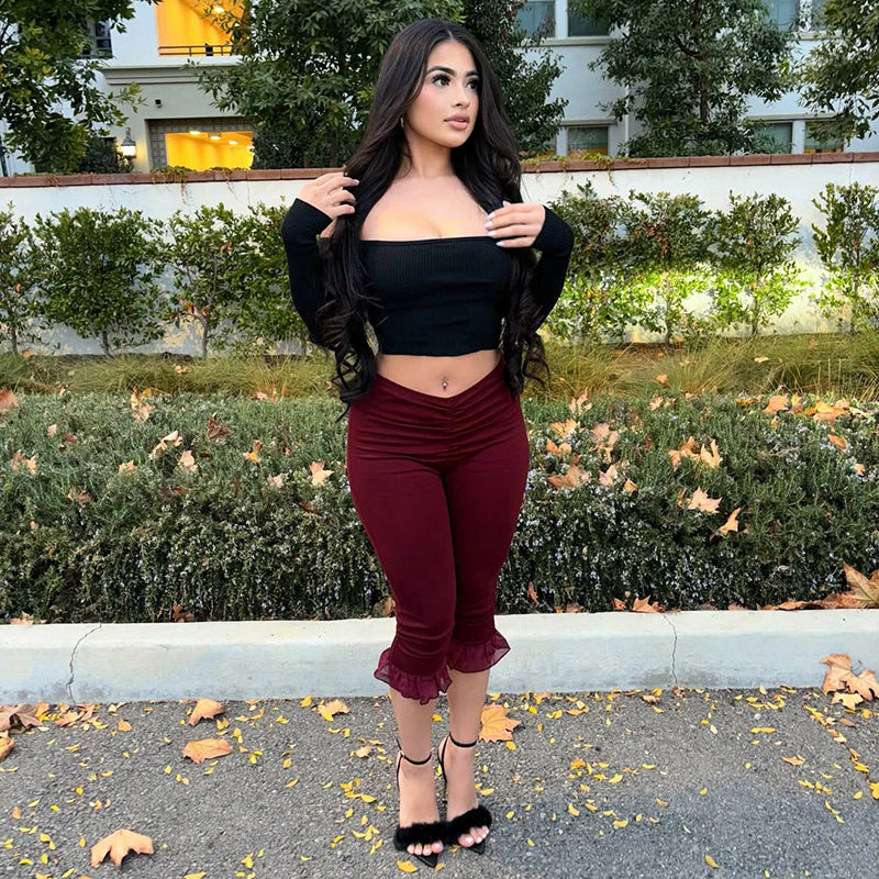 Women's Spring and Summer Ruffled V Waist Solid Color Elastic 7-point Casual Pants 15