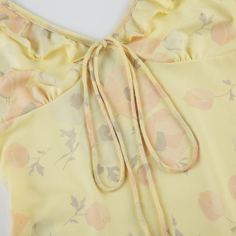 Chic Holidays Floral Strap Ruffle Sexy Flying Sleeve Long Dress 15