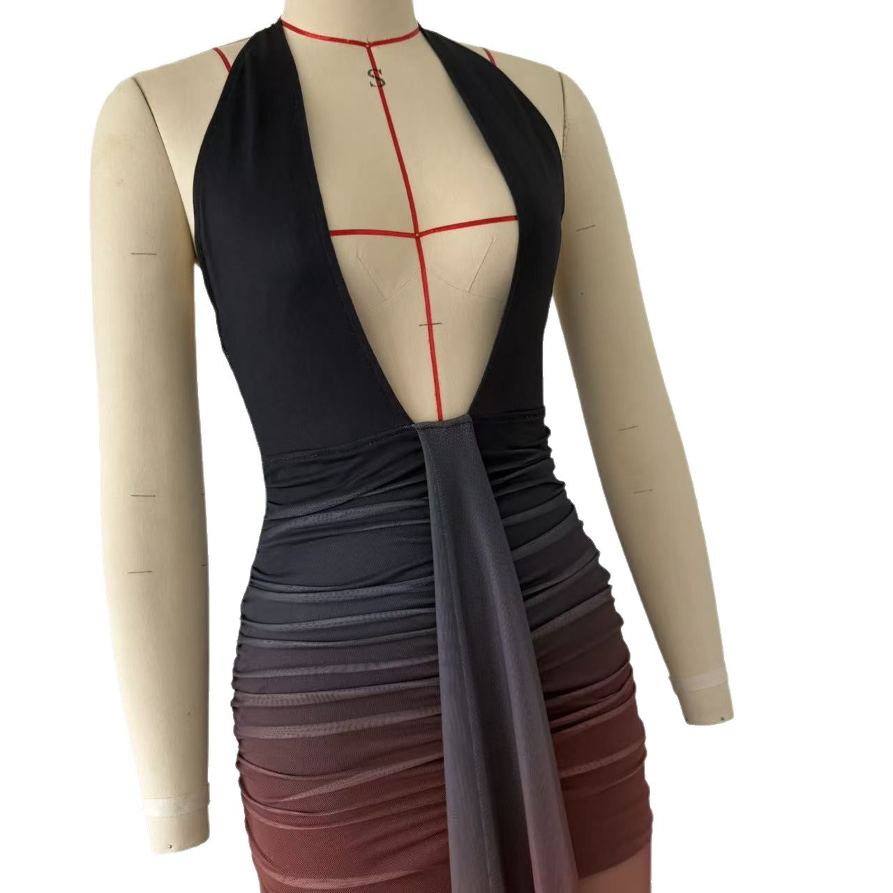 Women Contrast Color Sexy V Neck Backless Dress 9