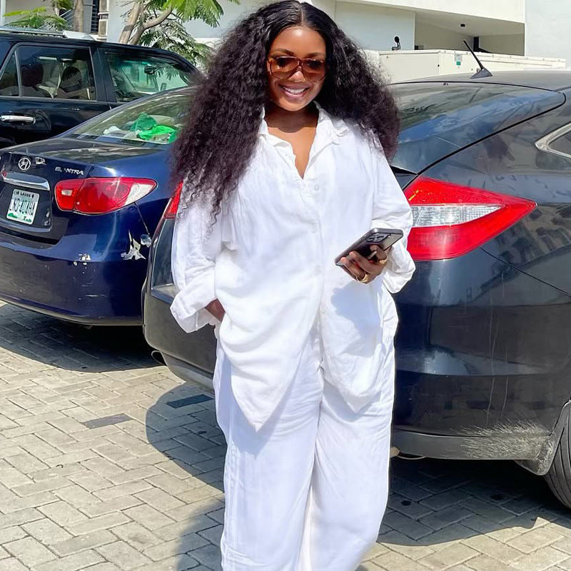 Women's Casual White Shirt Trousers Two-Piece Set 5