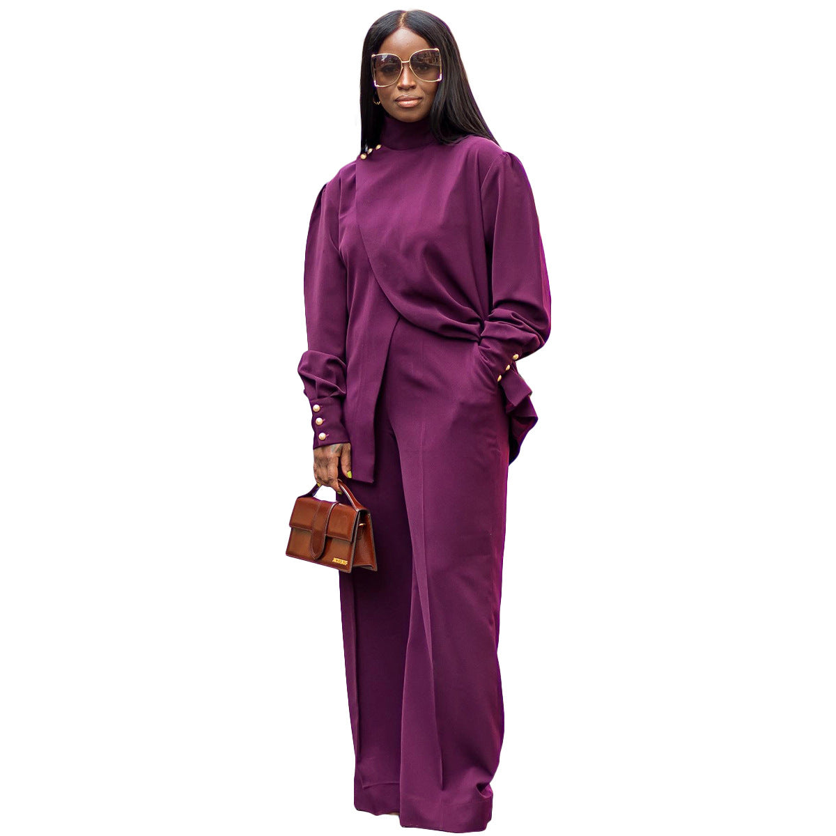 Women Turtleneck Irregular Slit Long Sleeves Top and Pant Casual Two-Piece Set 8