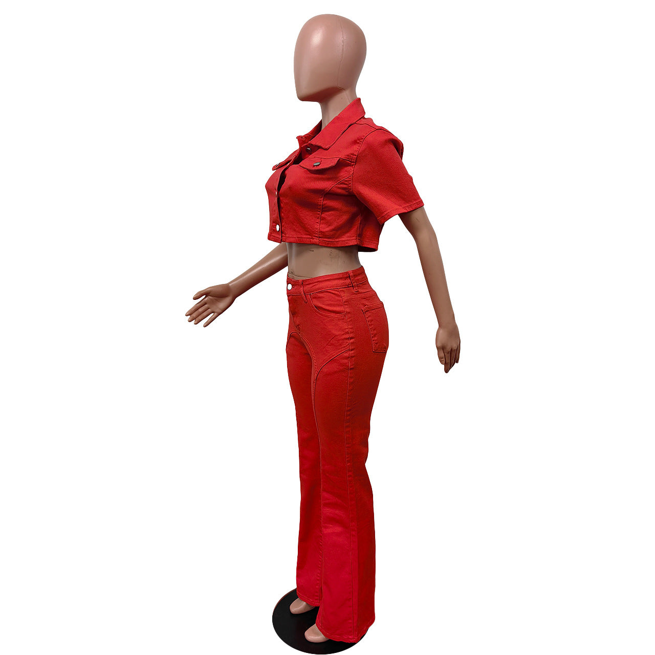 Spring And Summer Denim Short Sleeve Suit Solid Color Jacket Bell Bottom Stretch Pants Two Piece Set 16