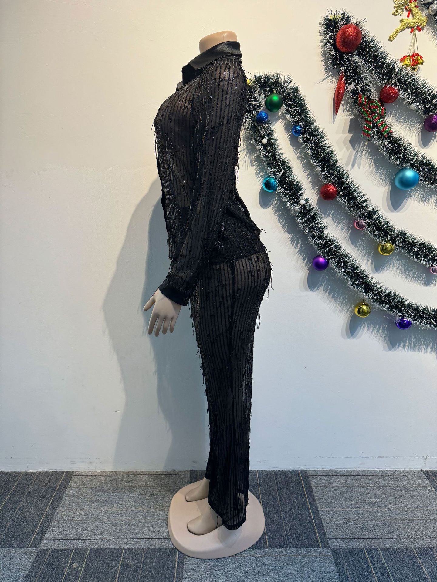 Women sexy fringed sequin See-Through long-sleeved shirt and pant two-piece set 12