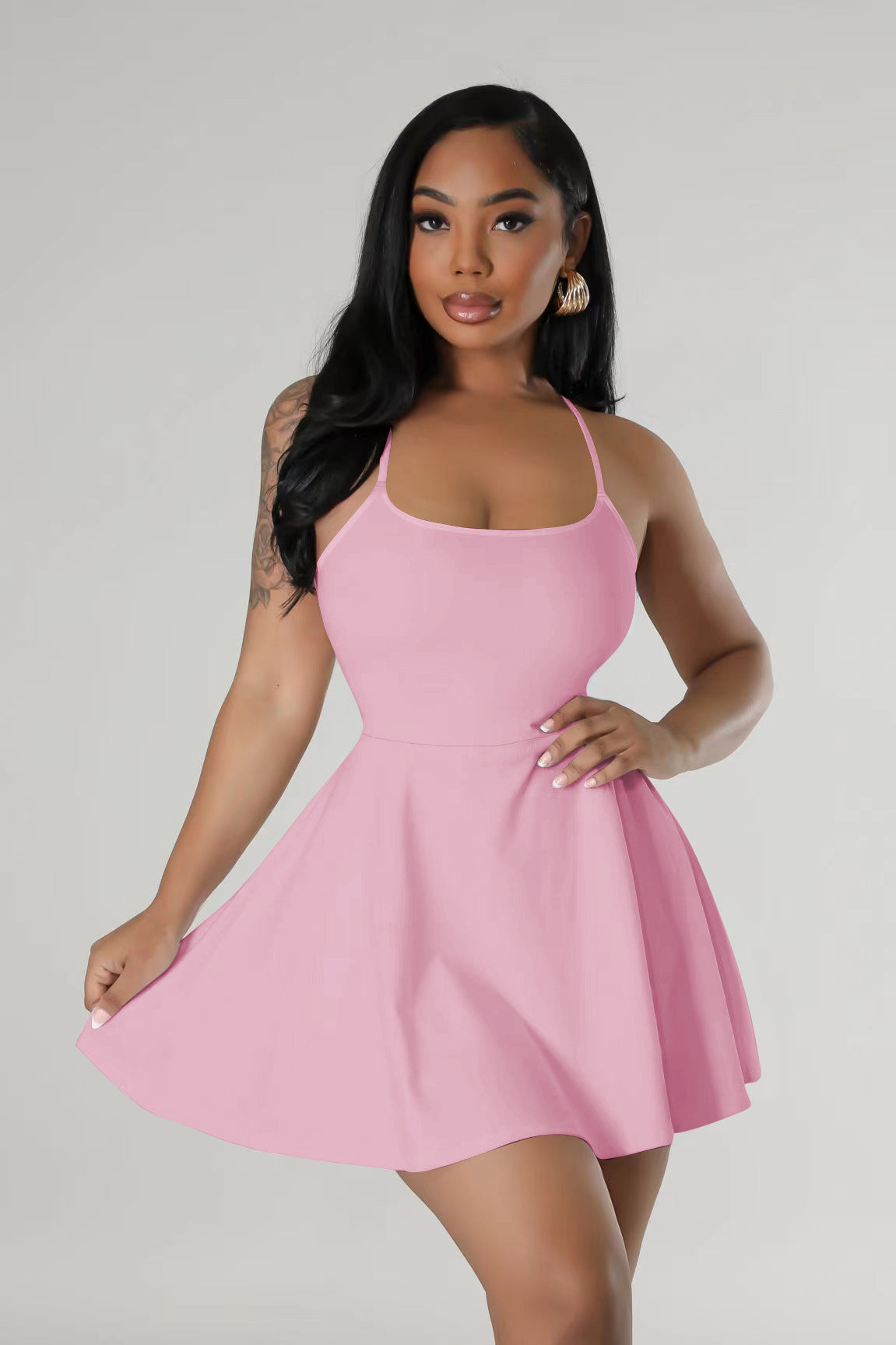 Women 's Spring Summer Fashionable And Sexy Chic Slim Waist Strap Solid Color Dress 20