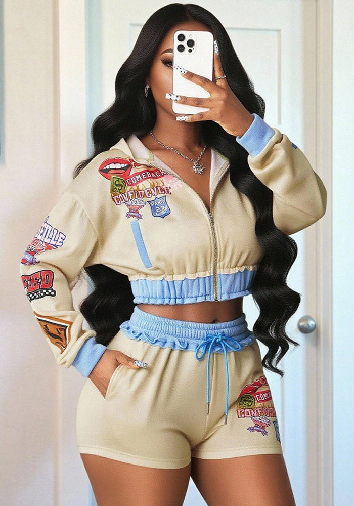 Women Contrast Sport Elegant Zippered Long-Sleeved Top and Shorts Two-Piece Set