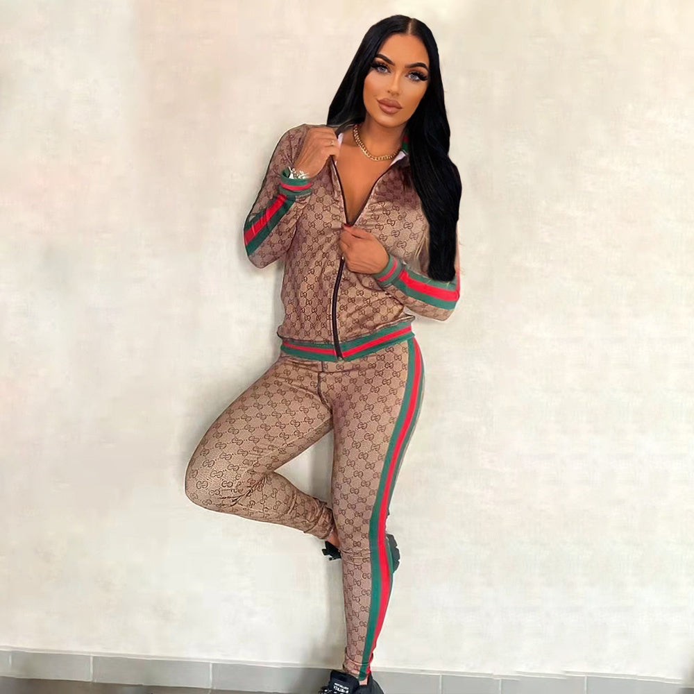 Women's Casual Chic Fashion Trendy Slim Fit Zipper Autumn Winter Jacket Two-Piece Pants Set 3