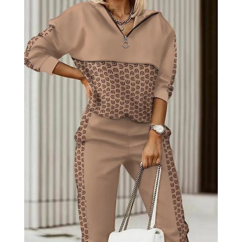 Women Printed Long Sleeve Top and Trousers Two-piece Set 7