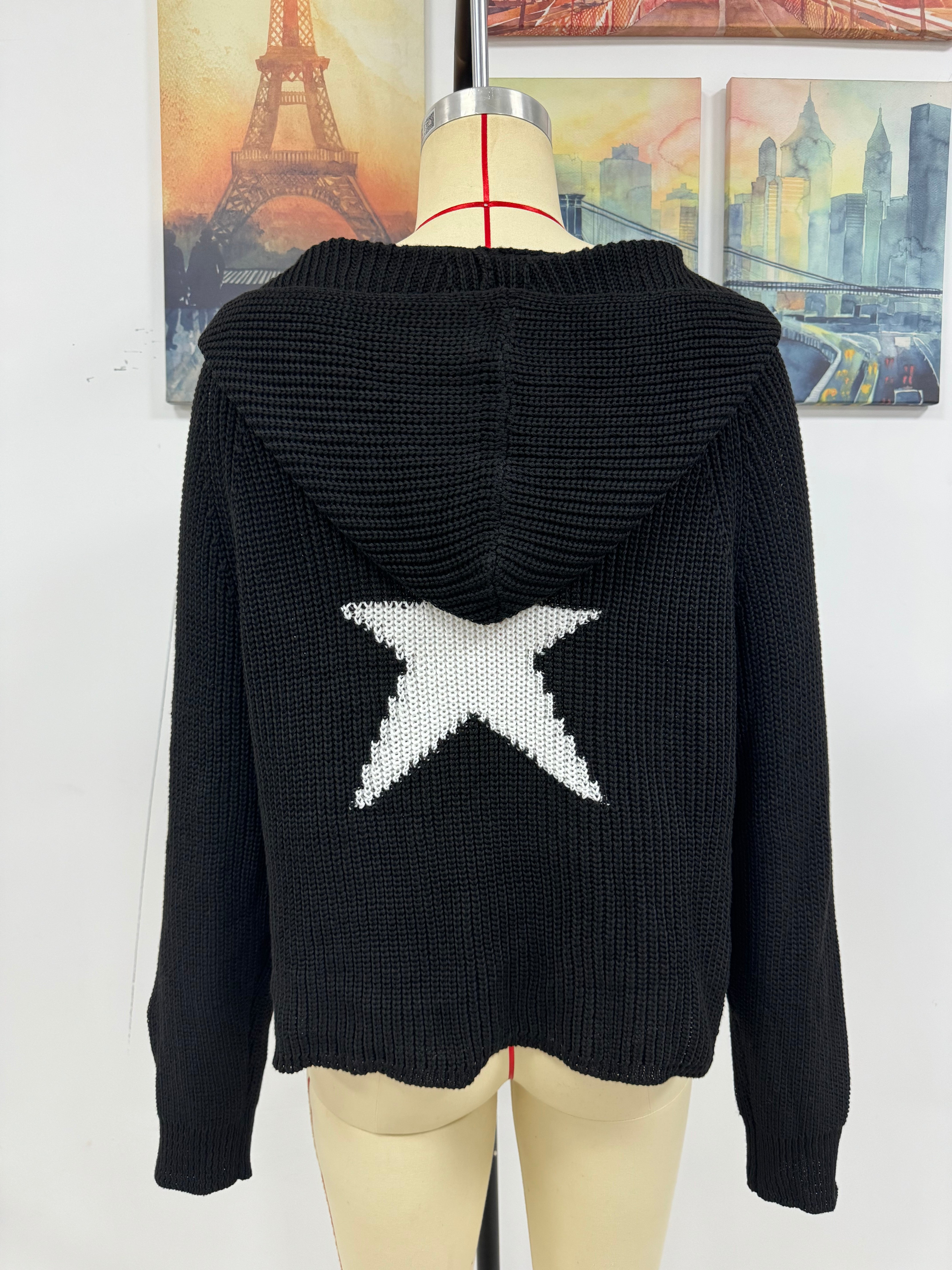 Women Autumn Winter Pullover Hooded Knitting Shirt Pocket Long Sleeve Five-Pointed Star Sweater 25