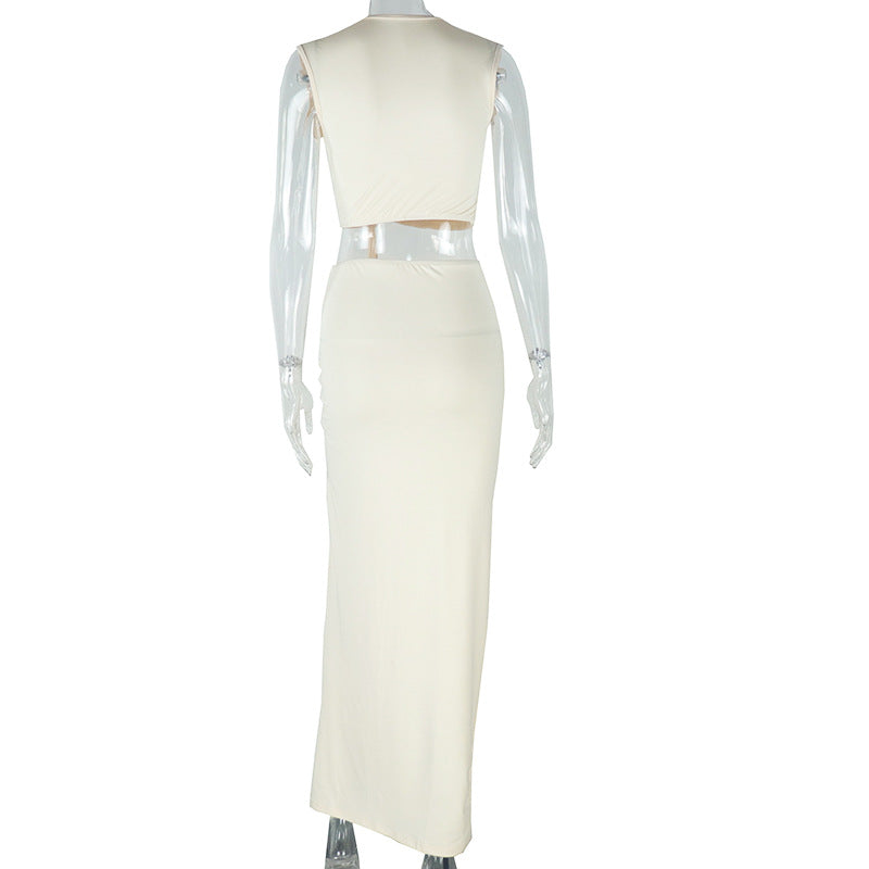 Women's Fashion Solid Color Dress Sleeveless Irregular Slit Dress 10