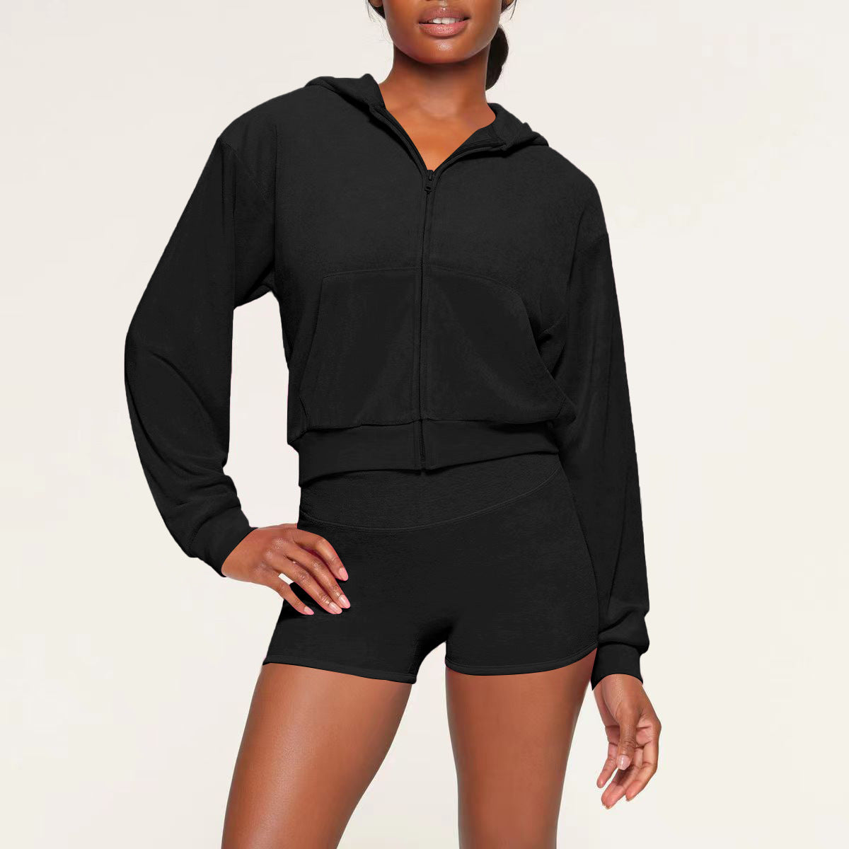 Women's Fashion Casual Solid Velvet Hooded Two-Piece Shorts Set 3