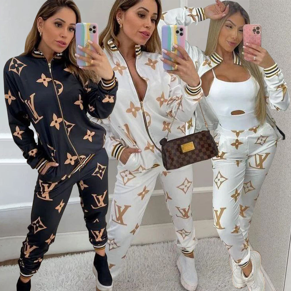 Women's Outdoor Casual High Ribbed Zipper Pocket Jacket Pants Two-Piece Set 7