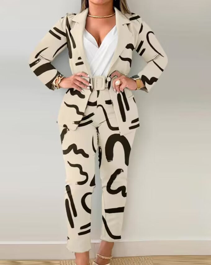 Women Printed Casual Blazer and Pant Two-Piece Set with Belt 11