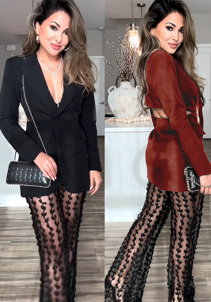 Women autumn and winter Open Waist long sleeve suit and Pants two-piece set