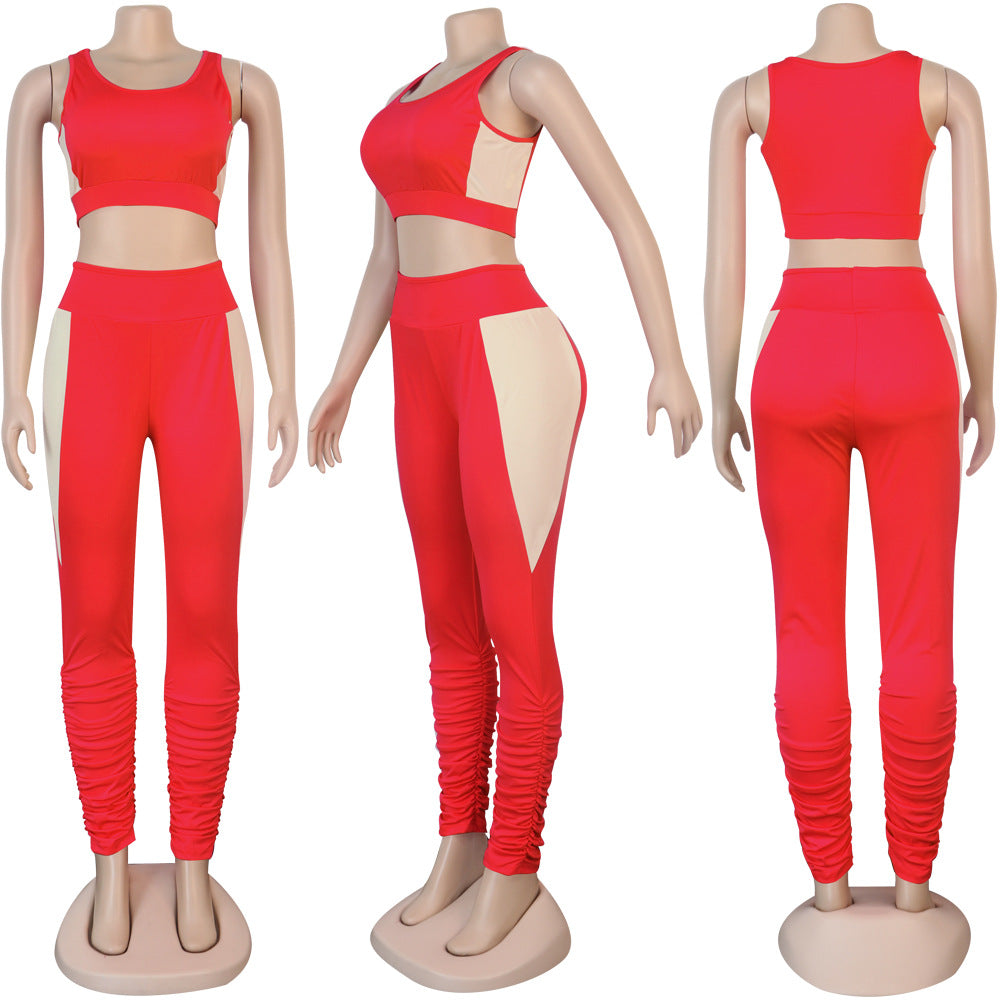 Women Sexy Solid Patchwork Gathered Sports Top and Pant Two-piece Set 17