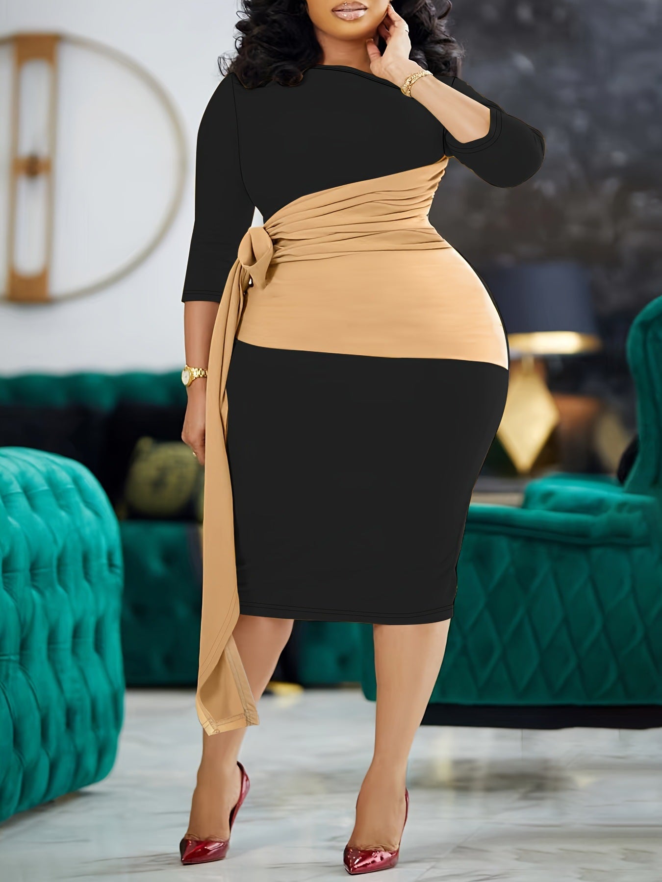 Women Colorblock Patchwork Lace-Up Dress 3