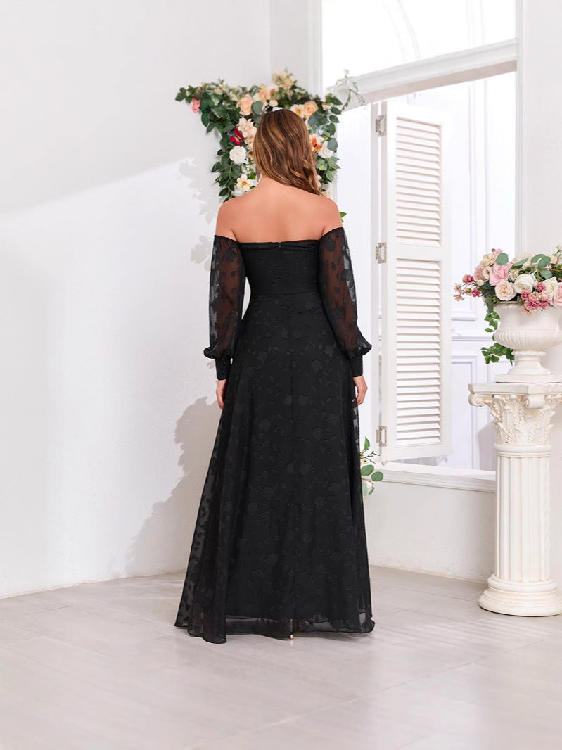 Black Off-Shoulder Long Sleeve Chiffon Embroidered High Slit Evening Dress 3