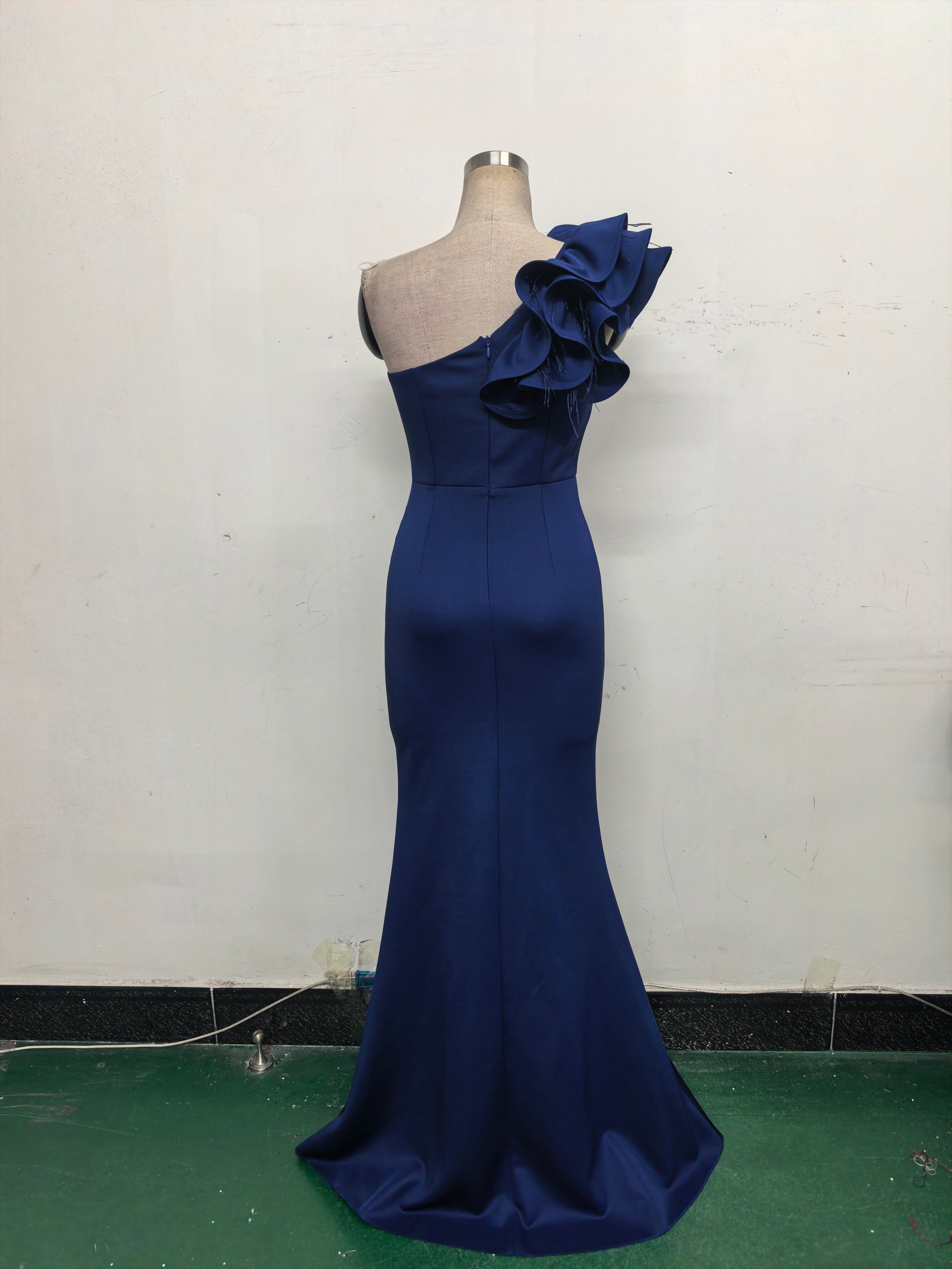 Women One-Shoulder Beaded Wool and Floral Satin Slit Sexy Evening Dress 45