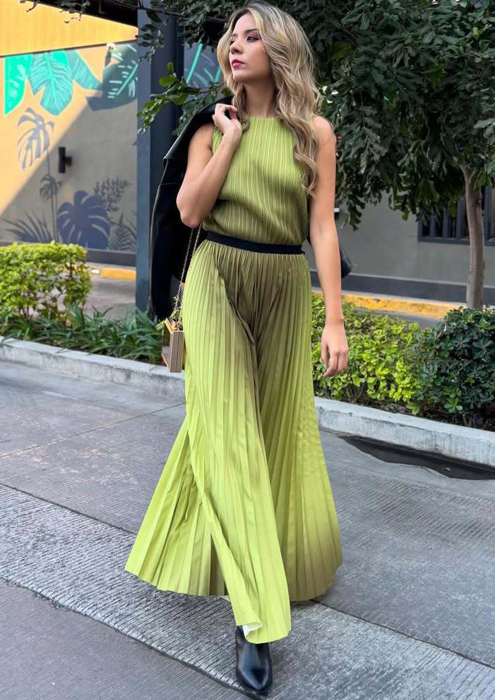 Women's Fashion Pleated Gradient Color Sleeveless Chic Loose Tops Wide-Leg Pants Set 3