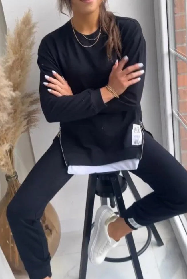 Women Round Neck long-sleeved zipper Top and Pant Two Piece Set 11