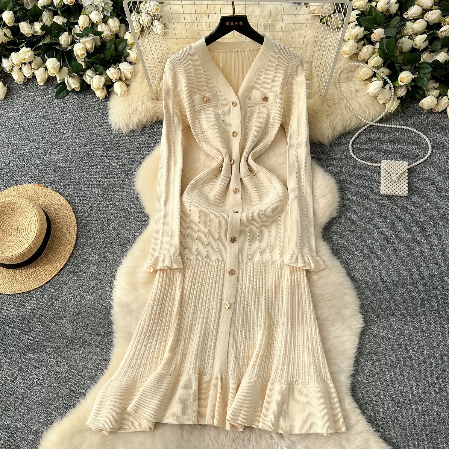 Women Fall/Winter Long-Sleeved V-Neck Ruffled Knitting Dress 15
