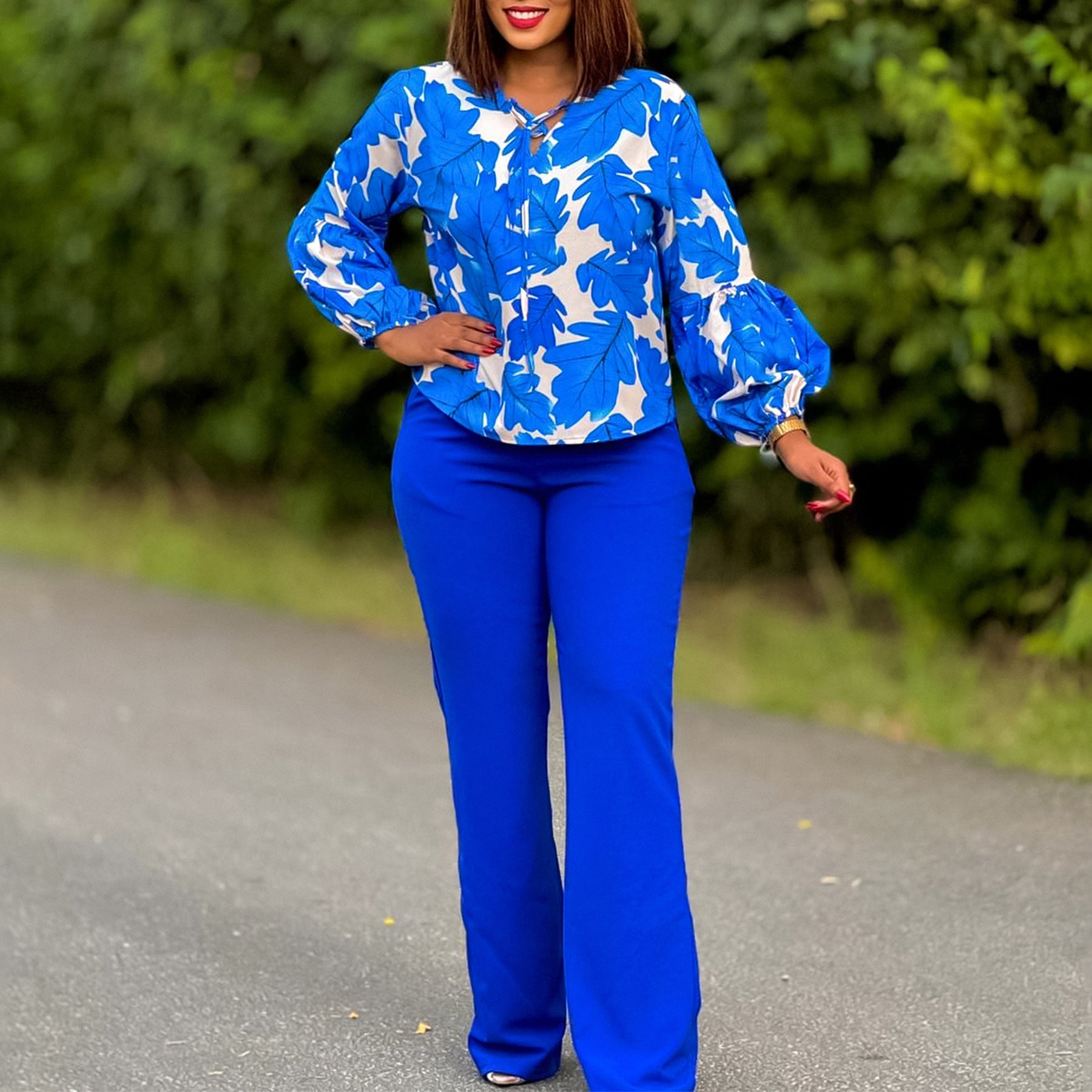 Women Printed Long Sleeve Top Wide Leg Pants Two-Piece Set 6