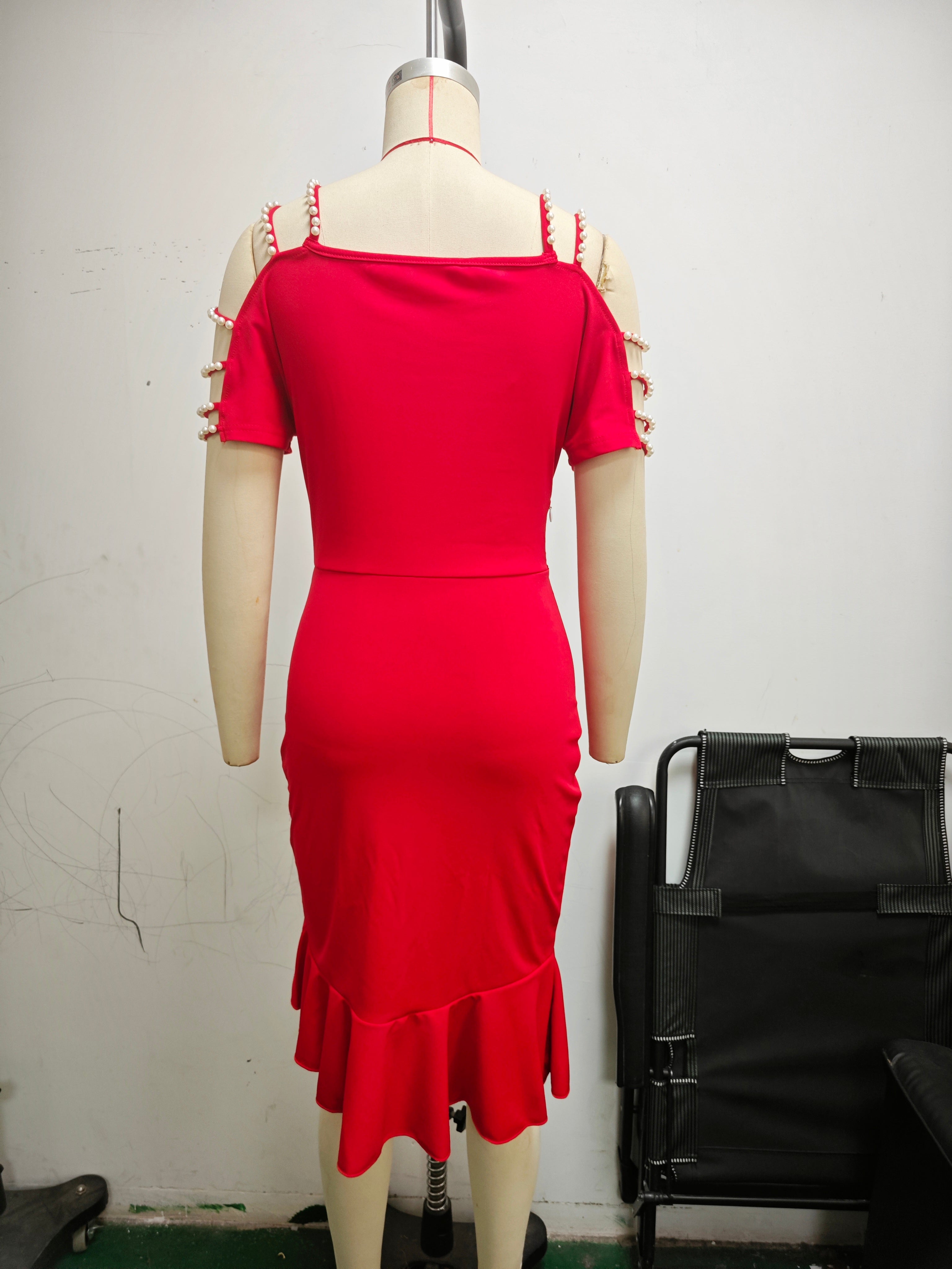 Summer Tight Fitting Ruffle Slit Pearl Decoration Women Dress 11