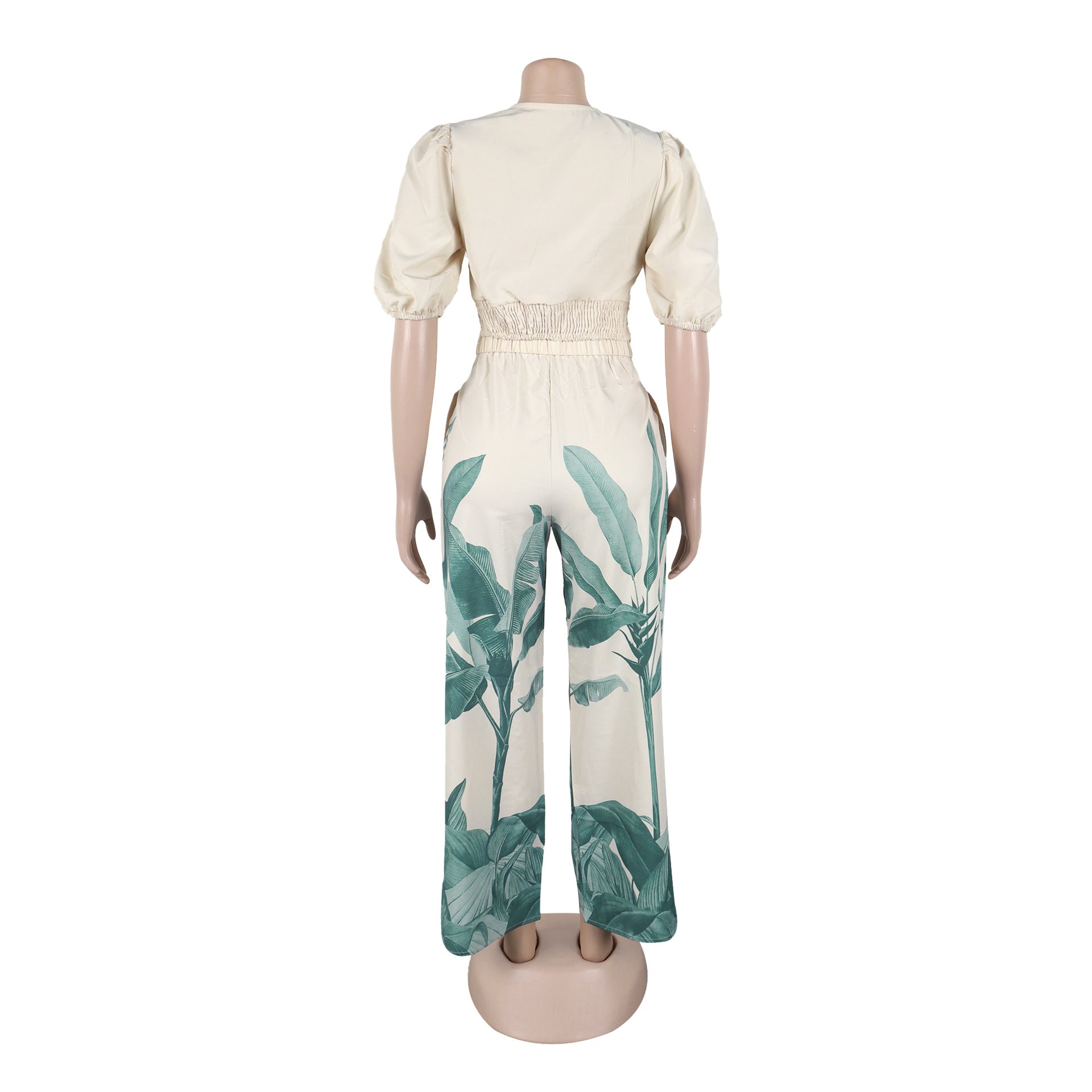 V-Neck Lantern Sleeve Top Printed Wide-Leg Pants Suit 9